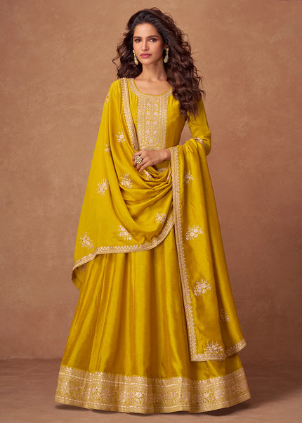 Mustard Yellow Embroidered Anarkali Gown