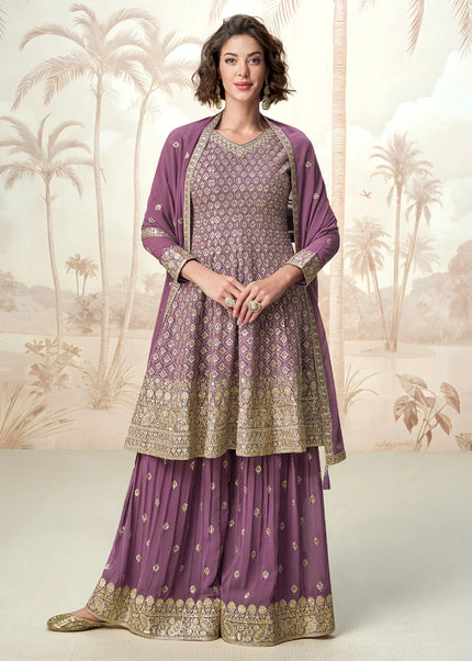 Purple Embroidered Sharara Suit