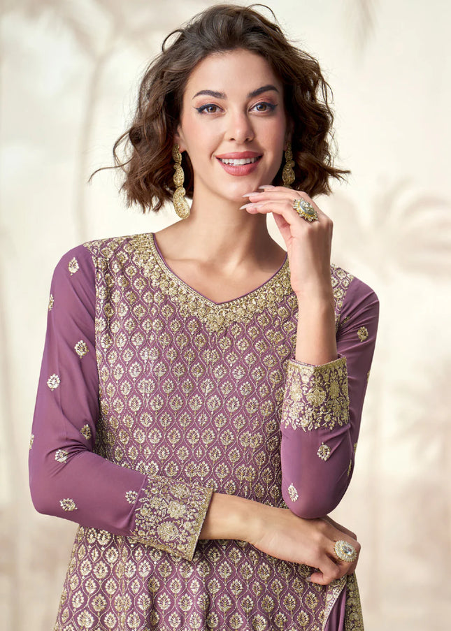 Purple Embroidered Sharara Suit