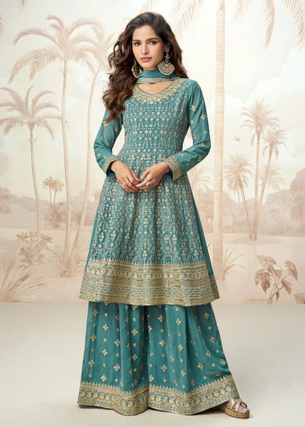 Teal Embroidered Sharara Suit