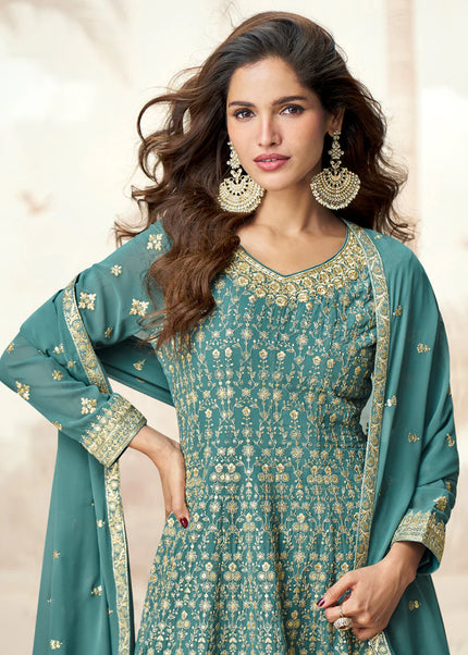 Teal Embroidered Sharara Suit