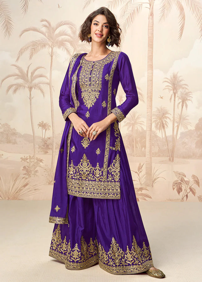 Purple Embroidered Sharara Suit