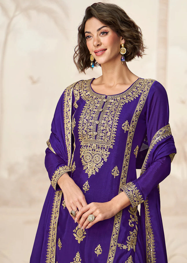 Purple Embroidered Sharara Suit