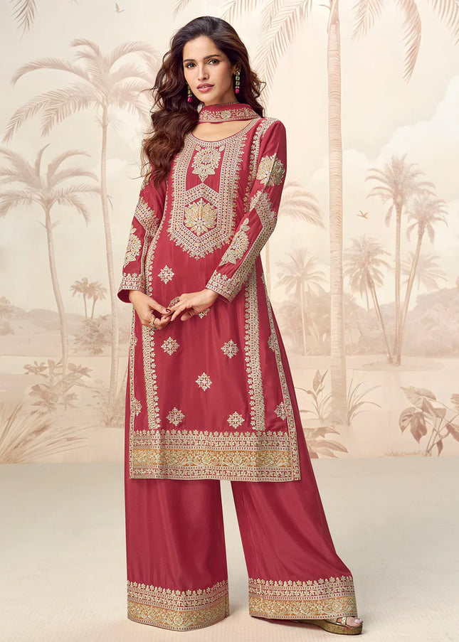 Red Embroidered Sharara Suit
