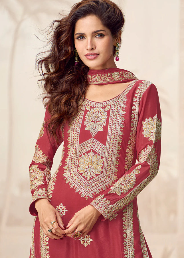 Red Embroidered Sharara Suit