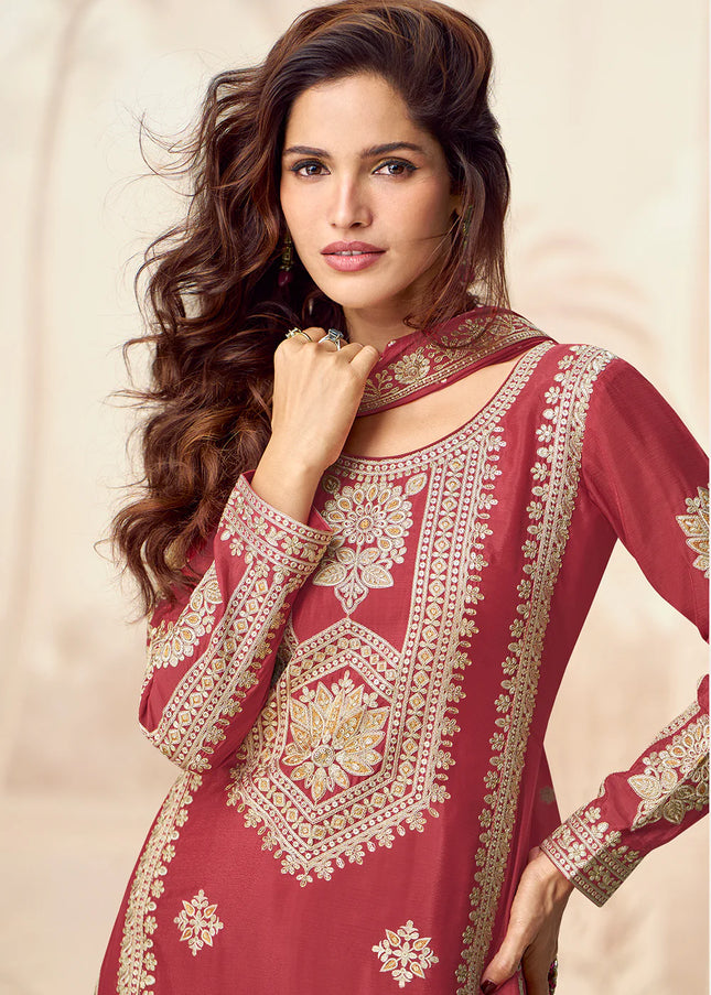 Red Embroidered Sharara Suit