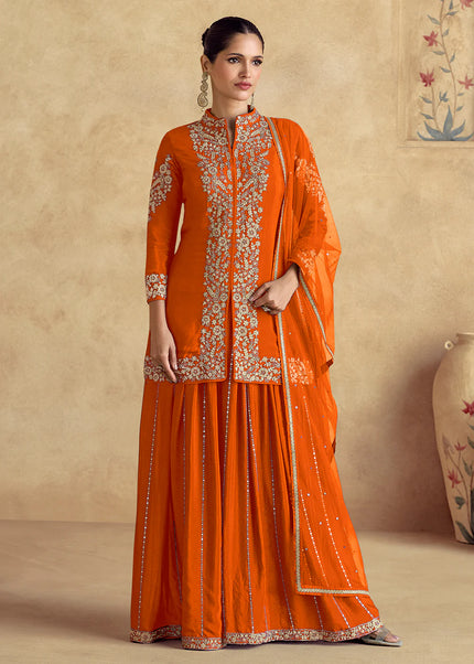 Orange Embroidered Sharara Suit