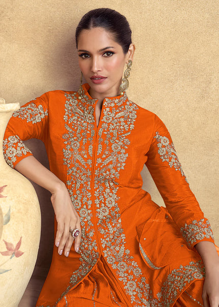 Orange Embroidered Sharara Suit