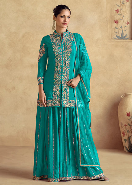 Teal Embroidered Sharara Suit