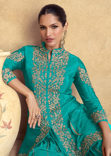 Teal Embroidered Sharara Suit
