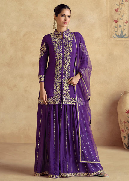 Purple Embroidered Sharara Suit