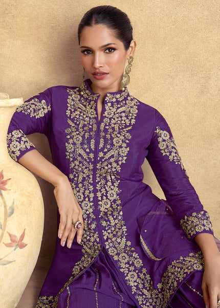 Purple Embroidered Sharara Suit