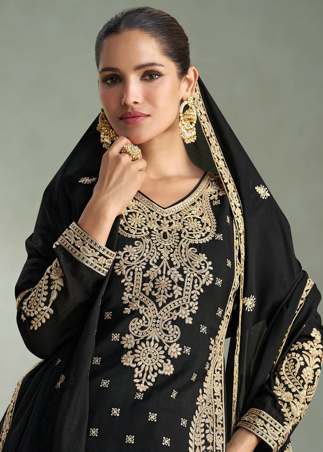 Black Embroidered Sharara Suit