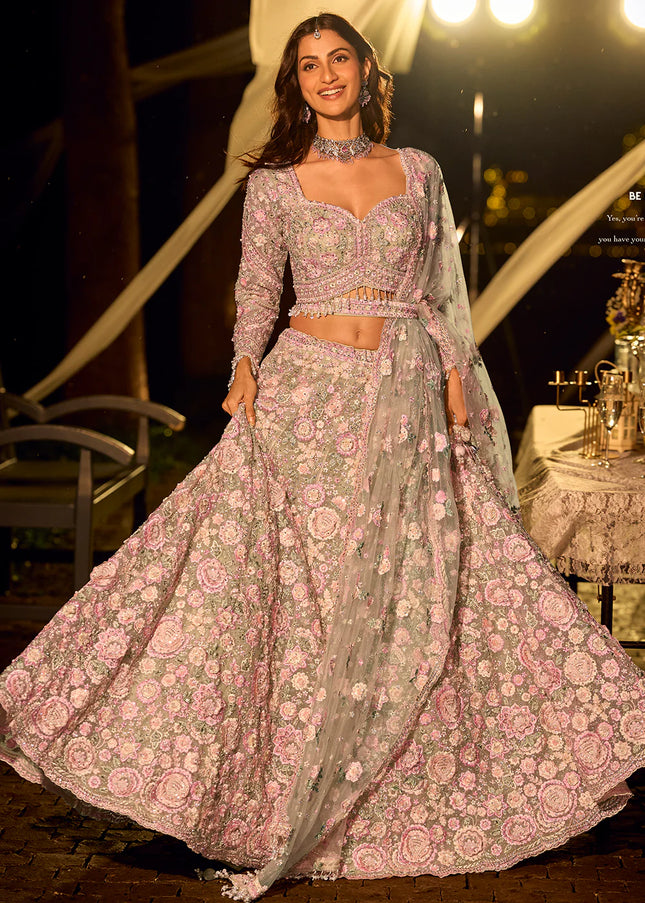 Sea Green and Pink Embroidered Lehenga choli