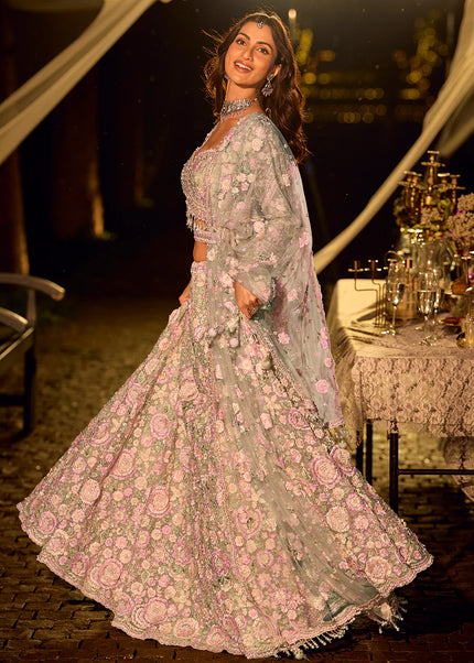 Sea Green and Pink Embroidered Lehenga choli