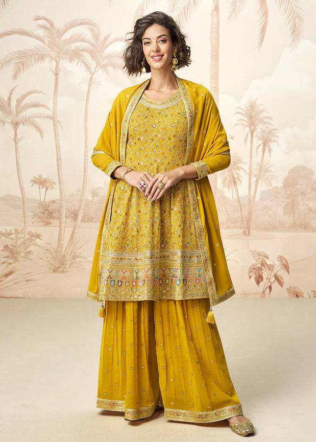 Yellow Embroidered Sharara Suit