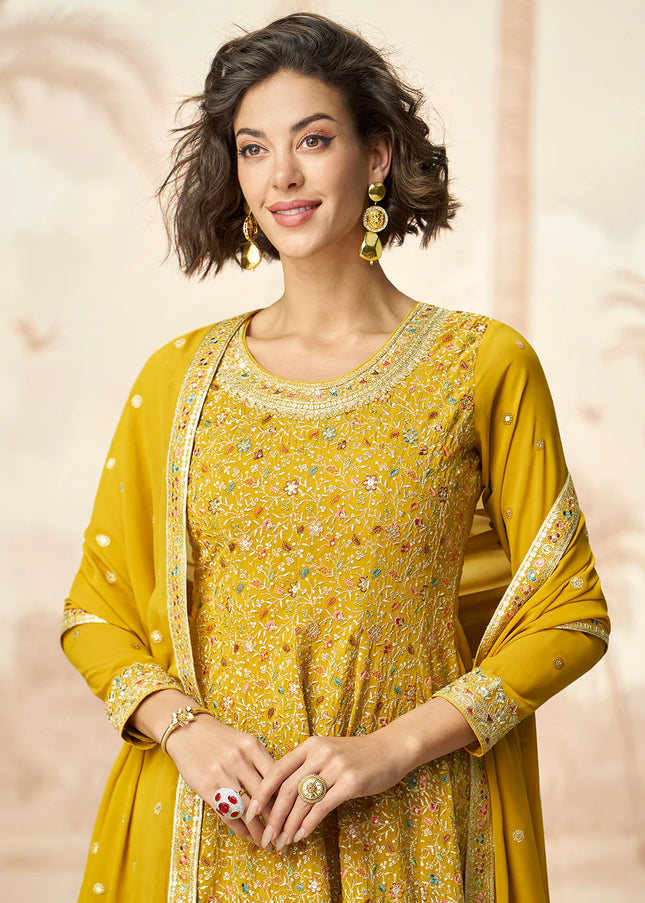 Yellow Embroidered Sharara Suit