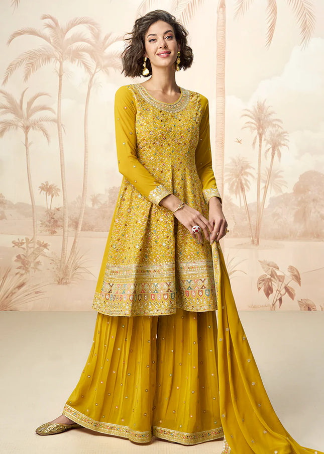 Yellow Embroidered Sharara Suit