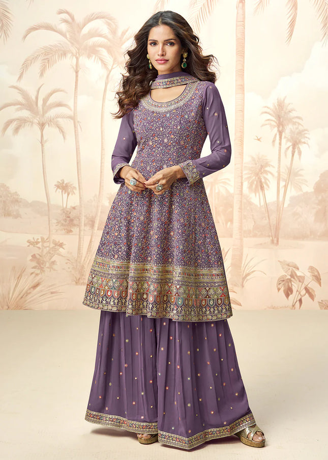 Purple Embroidered Sharara Suit