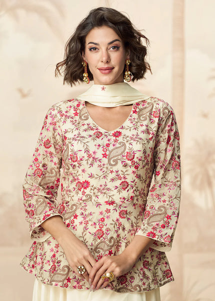 Offwhite Embroidered Sharara Suit