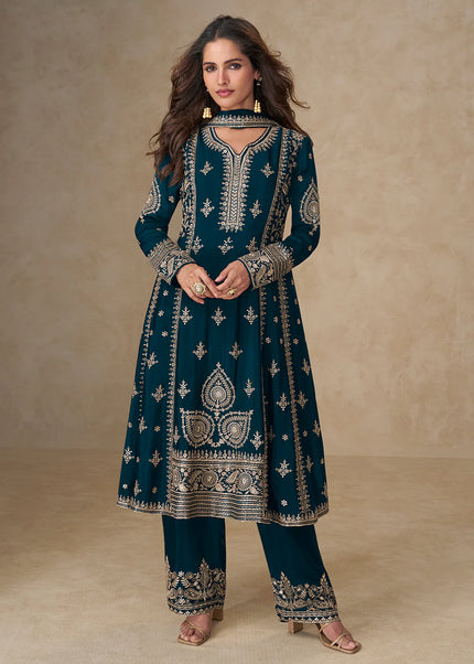Blue Embroidered Pant Style Suit