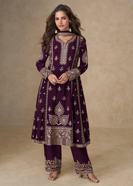 Purple Embroidered Pant Style Suit