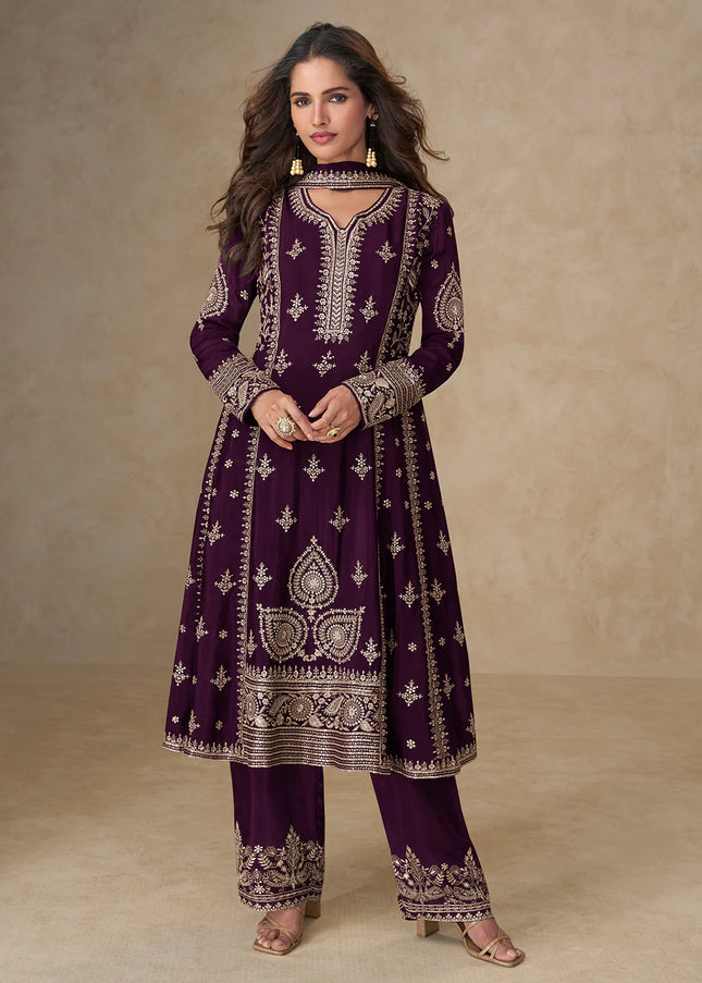 Purple Embroidered Pant Style Suit