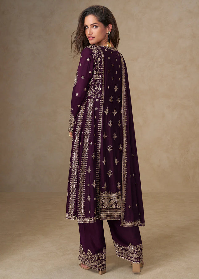 Purple Embroidered Pant Style Suit