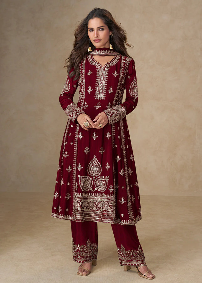 Maroon Embroidered Pant Style Suit