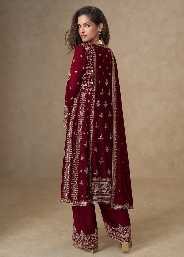 Maroon Embroidered Pant Style Suit