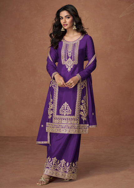 Purple Embroidered Sharara Suit