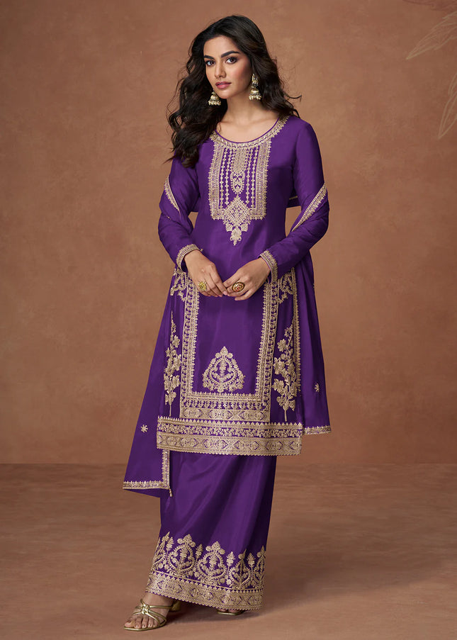 Purple Embroidered Sharara Suit