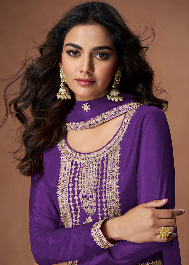 Purple Embroidered Sharara Suit