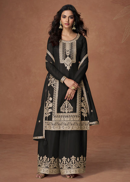 Black Embroidered Sharara Suit