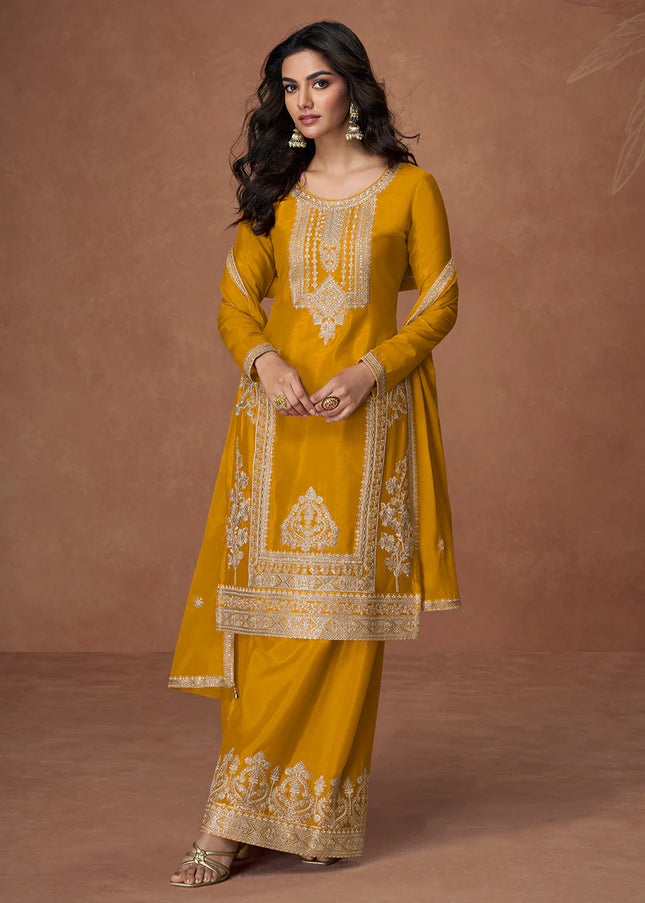 Mustard Yellow Embroidered Sharara Suit