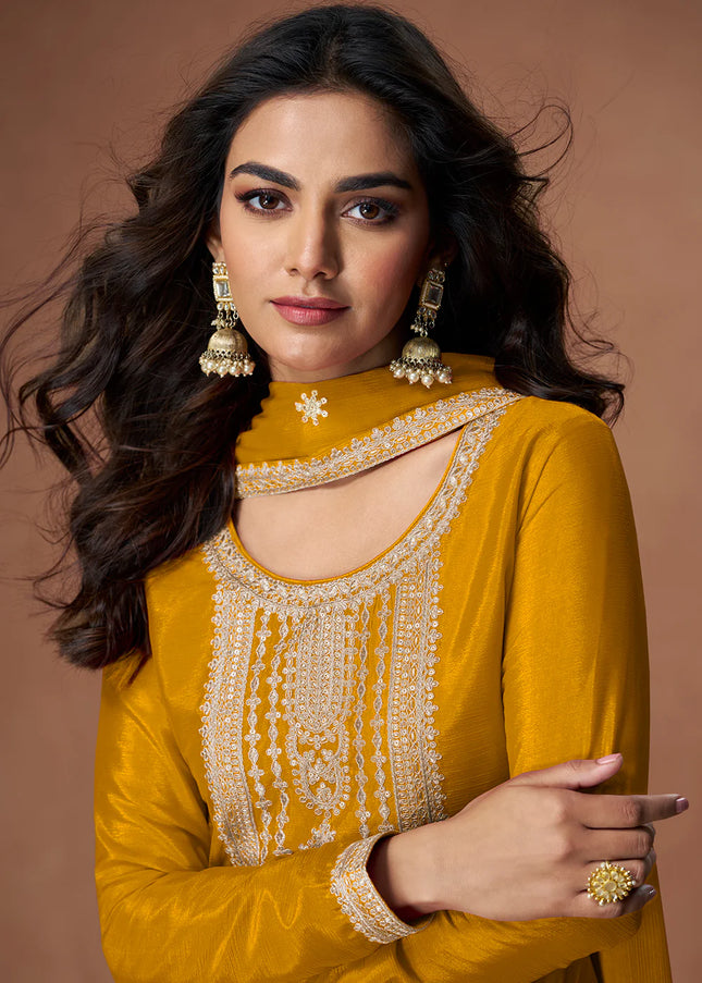 Mustard Yellow Embroidered Sharara Suit
