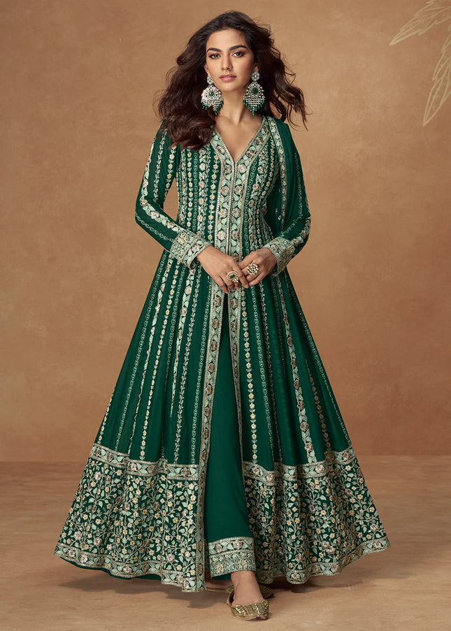 Green Embroidered Pant Style Anarkali
