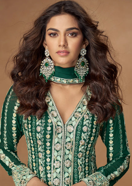 Green Embroidered Pant Style Anarkali