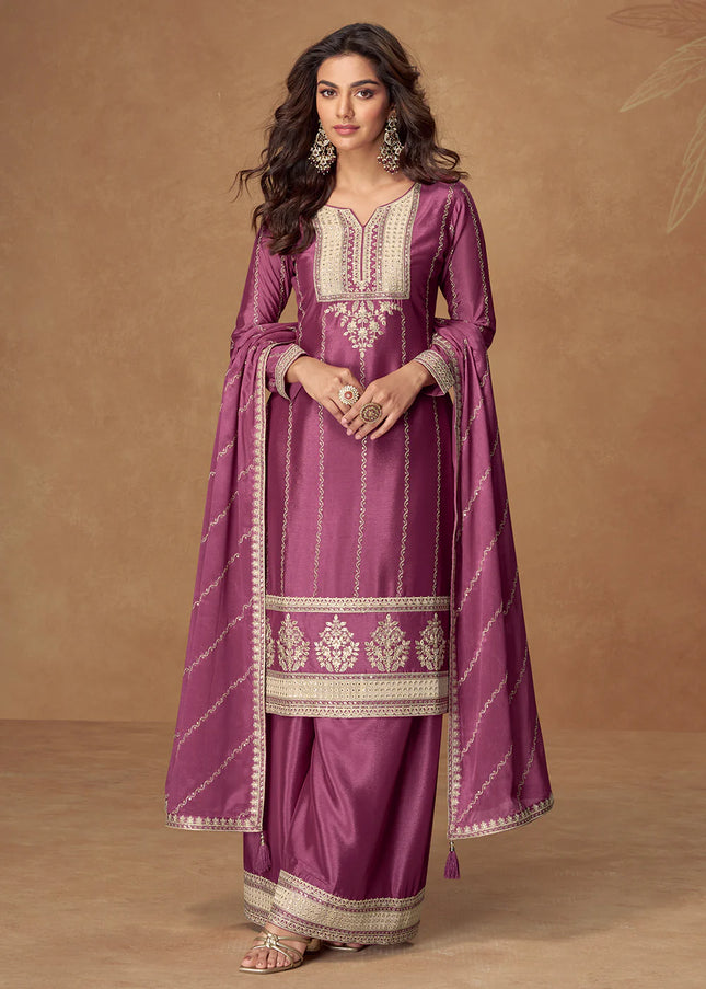 Purple Embroidered Sharara Suit
