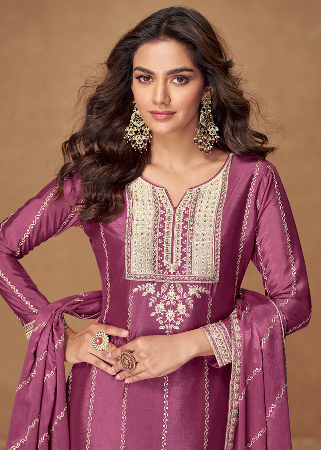 Purple Embroidered Sharara Suit