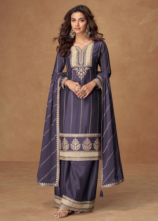 Navy Blue Embroidered Sharara Suit