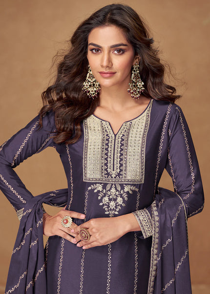 Navy Blue Embroidered Sharara Suit