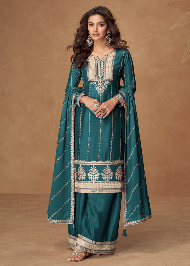 Teal Embroidered Sharara Suit