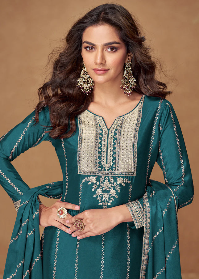 Teal Embroidered Sharara Suit