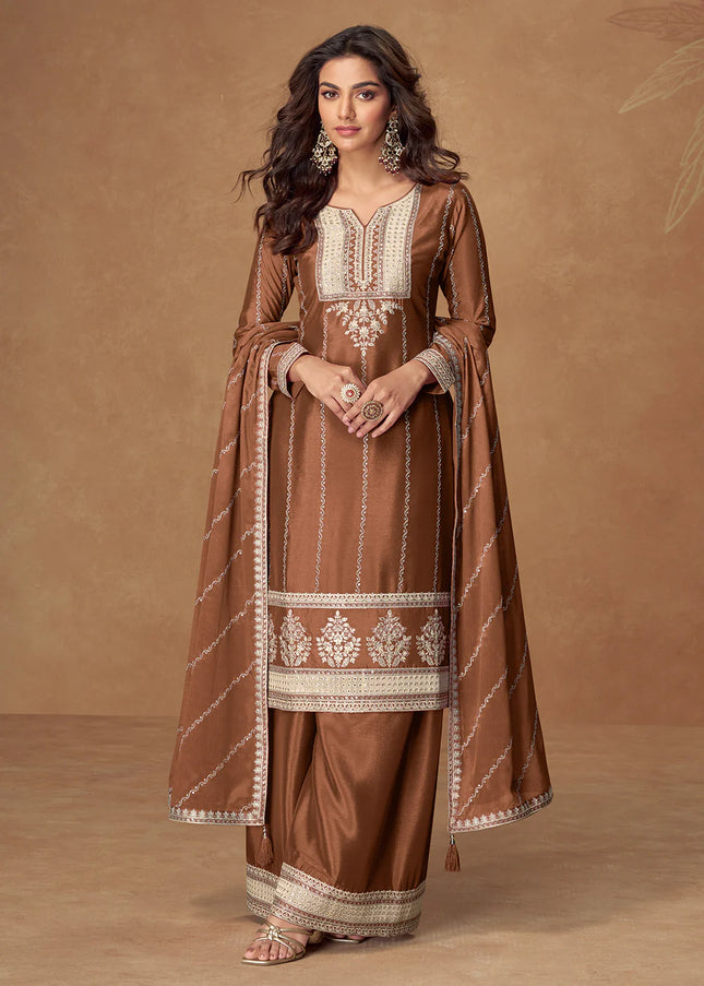 Brown Embroidered Sharara Suit