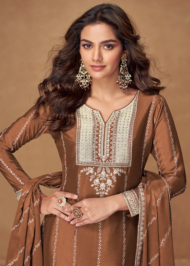Brown Embroidered Sharara Suit