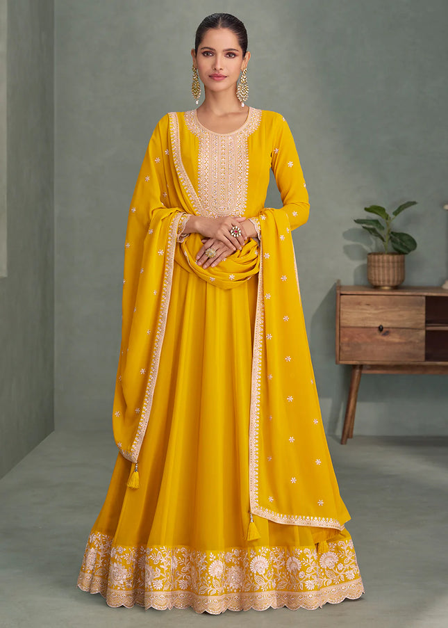 Yellow Embroidered Anarkali Gown