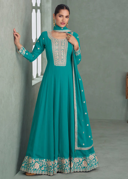 Turquoise Embroidered Anarkali Gown
