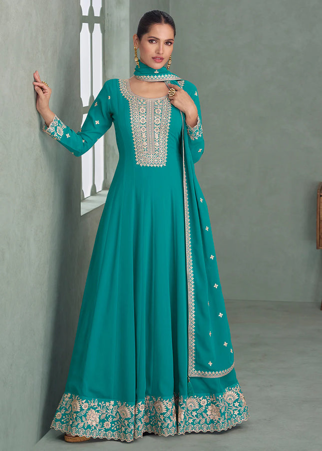 Turquoise Embroidered Anarkali Gown