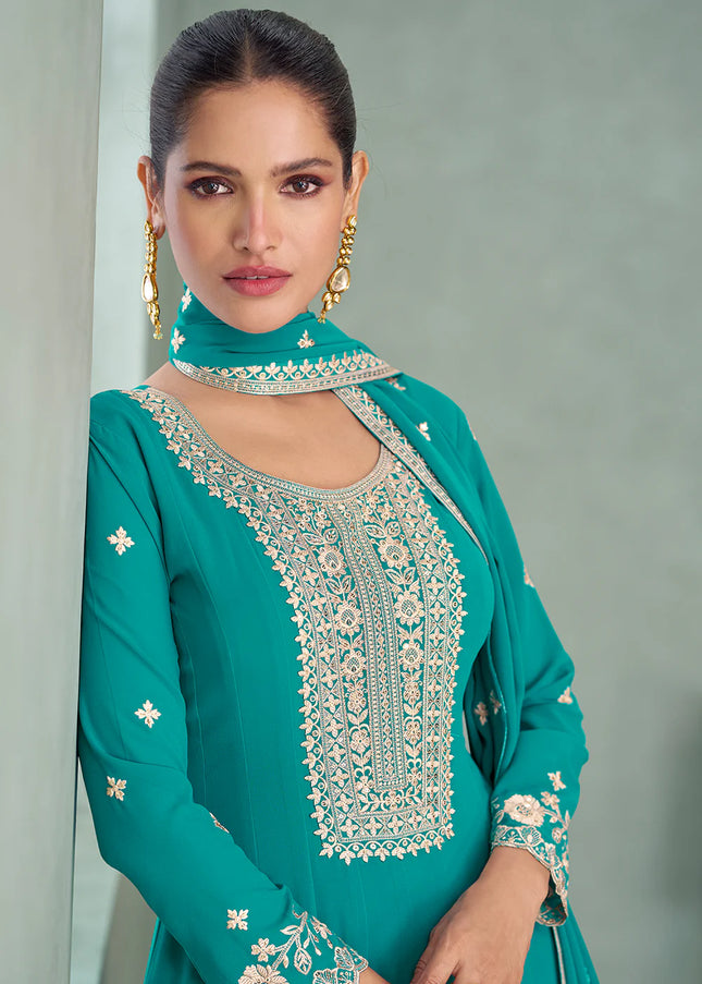 Turquoise Embroidered Anarkali Gown